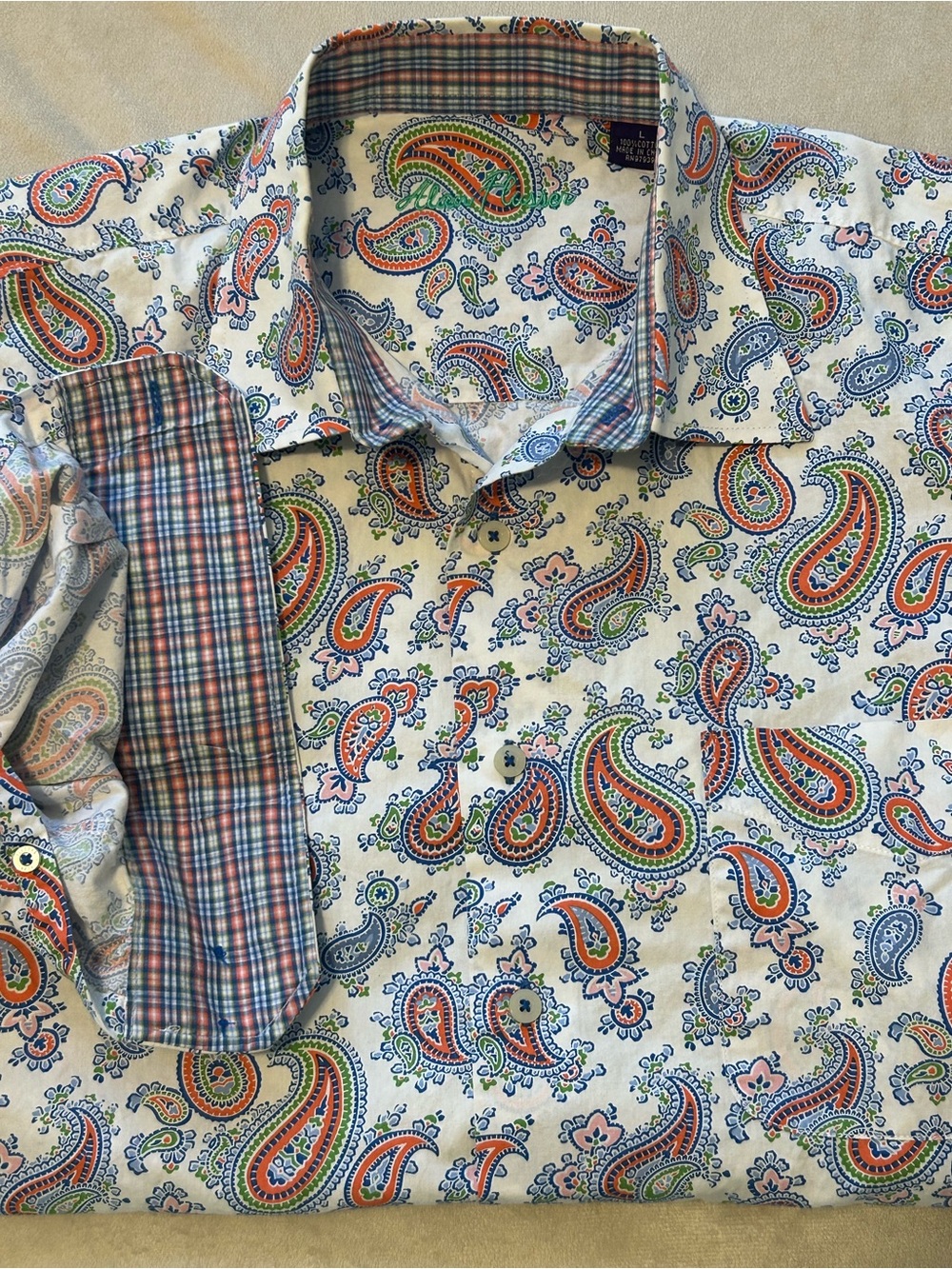 Alan Flusser Shirt Mens Large L White Multicolor Paisley Plaid Cuff Button Up